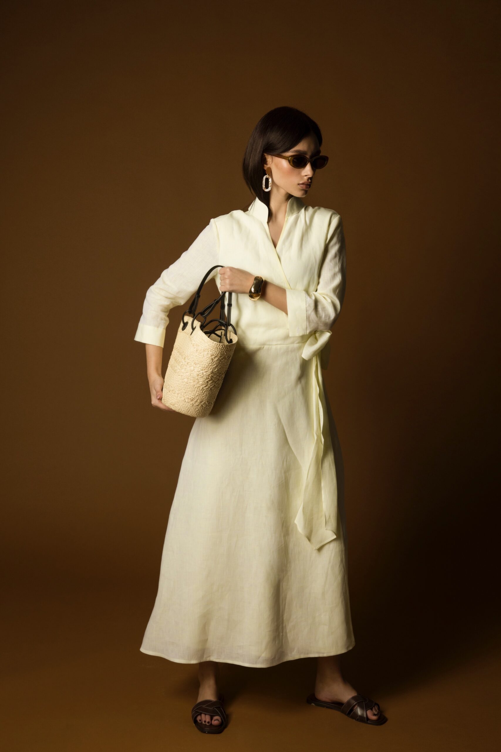 light yellow linen dress Flared Linen Midi Dress - Light Yellow