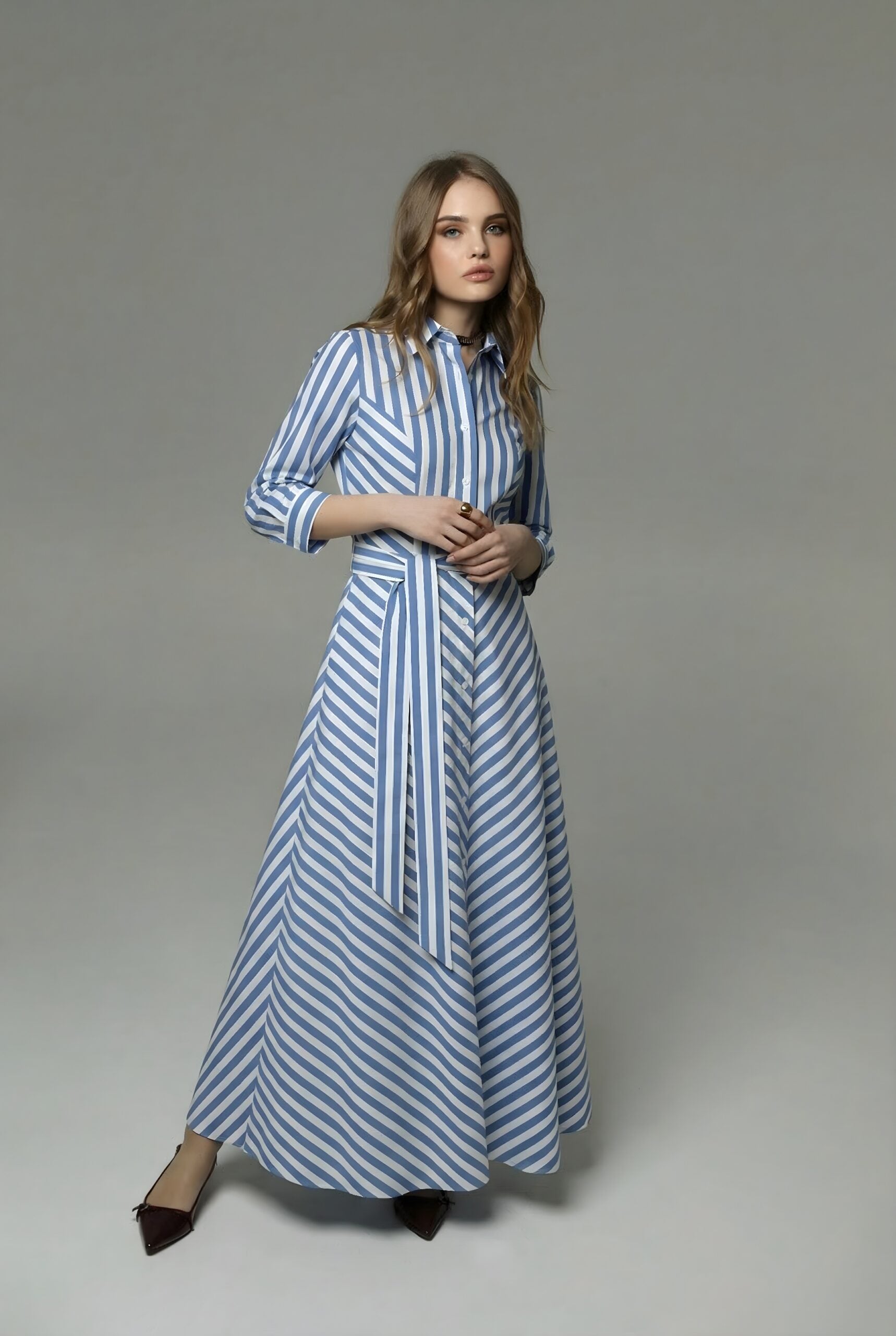 Blue and White Striped Maxi Dress