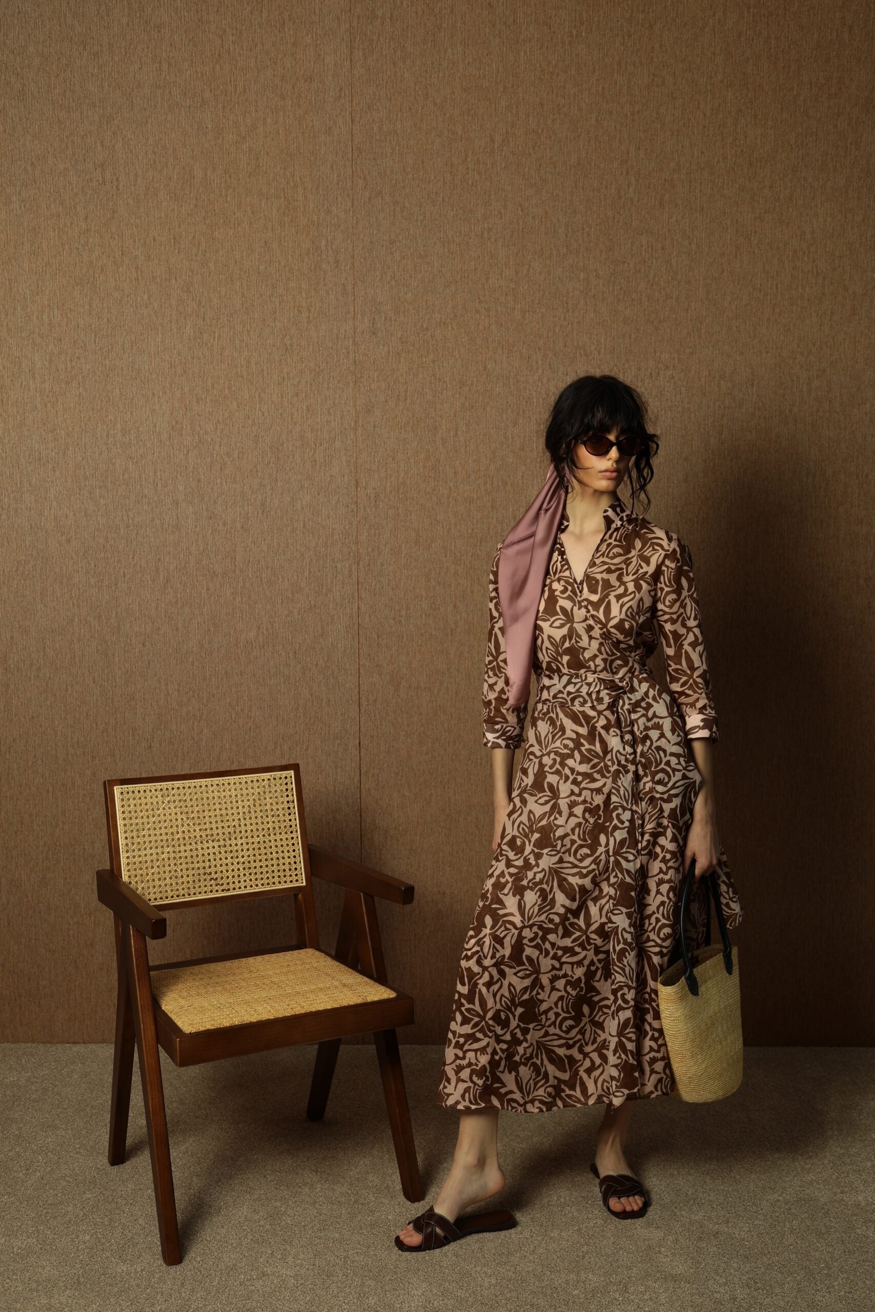 Brown Flowers Dress ženska Lanena Haljina 1