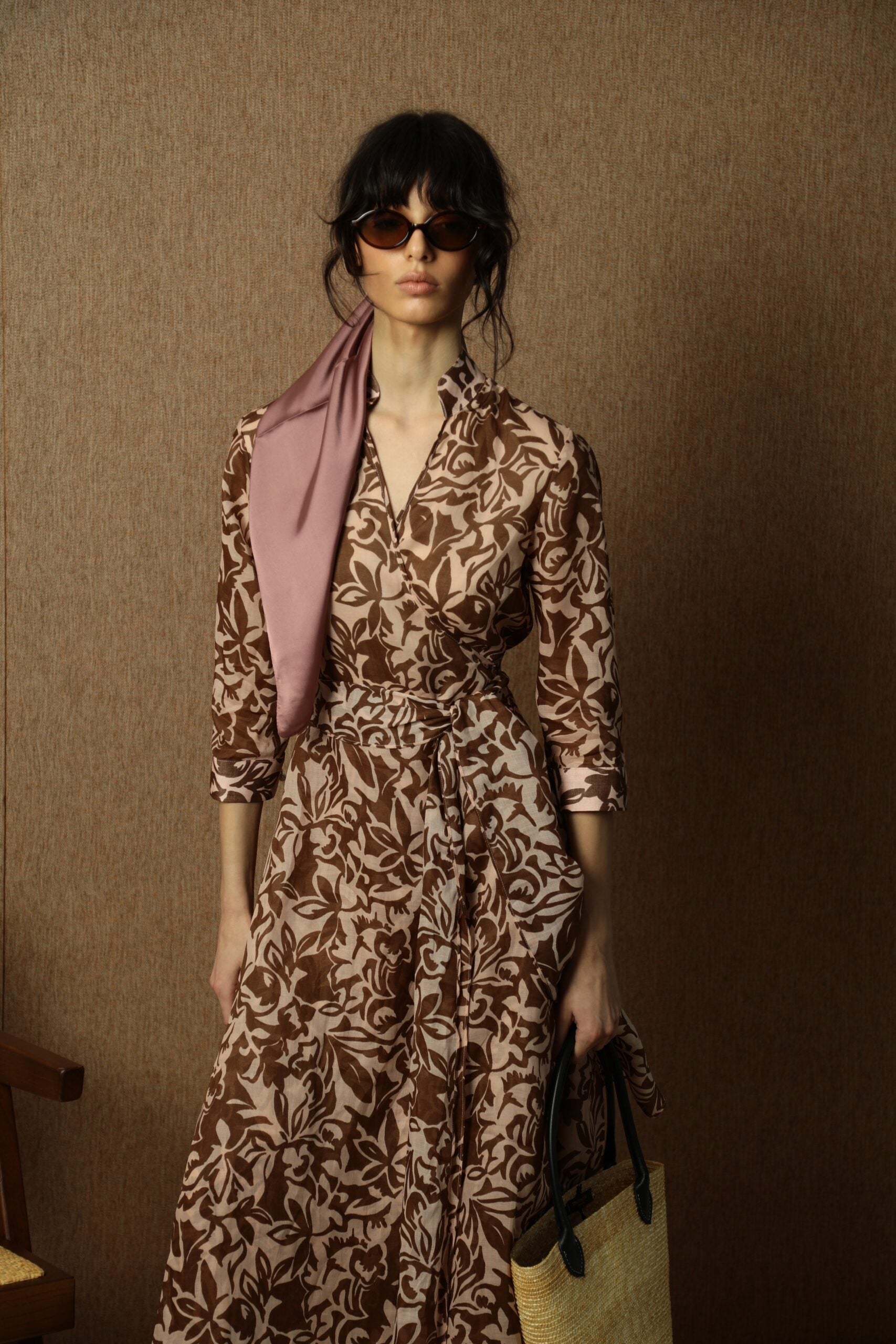 Brown Flowers Dress ženska Lanena Haljina 2
