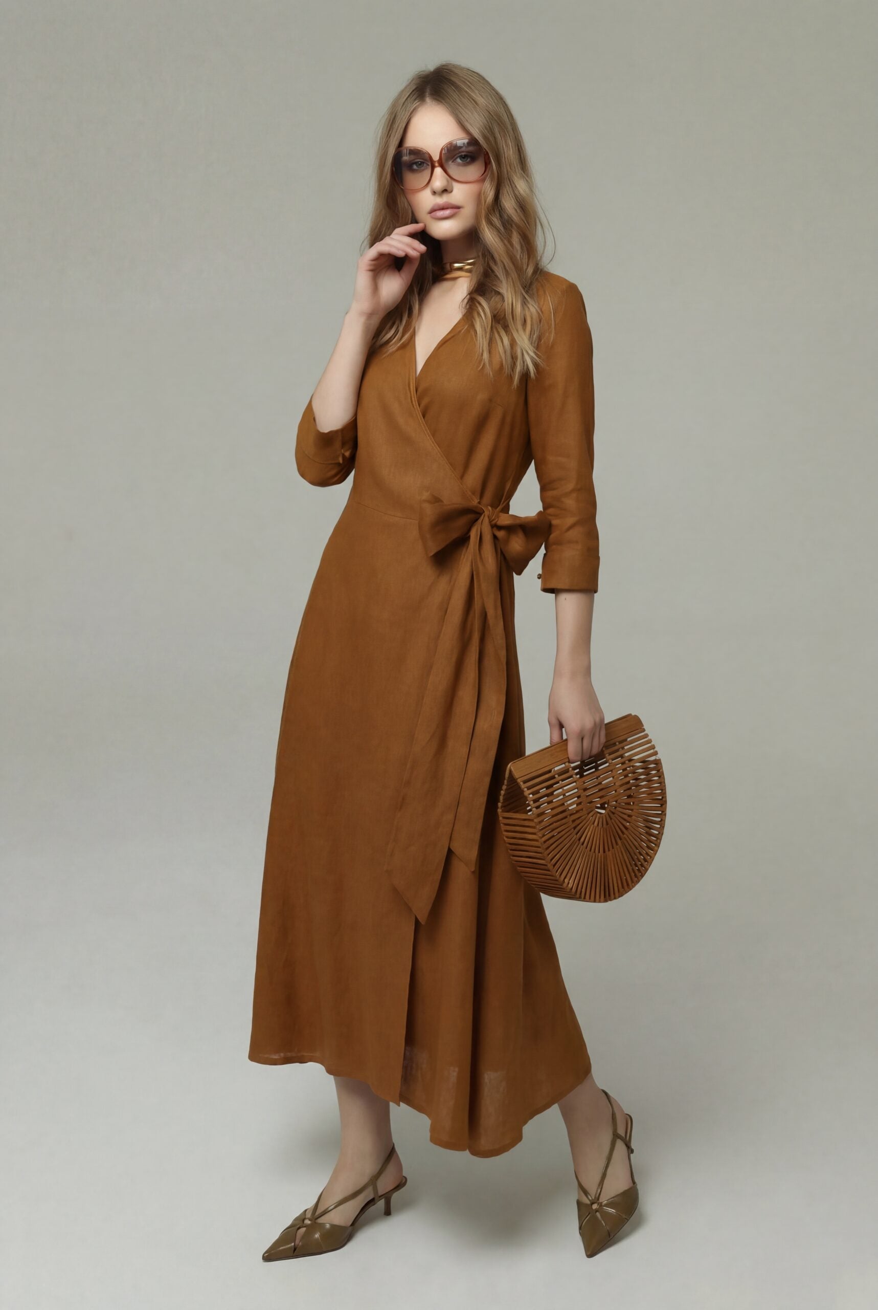 Light Brown Linen Wrap Dress