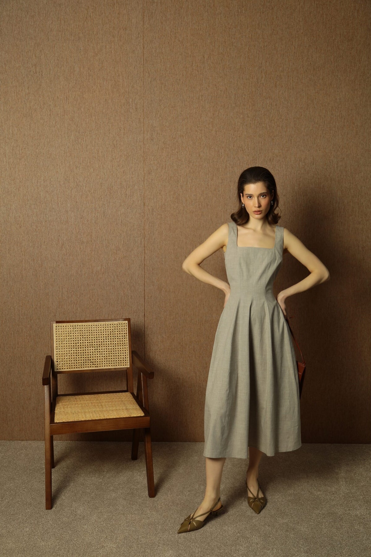 Paris Beige Linen-Cotton Midi Dress 1