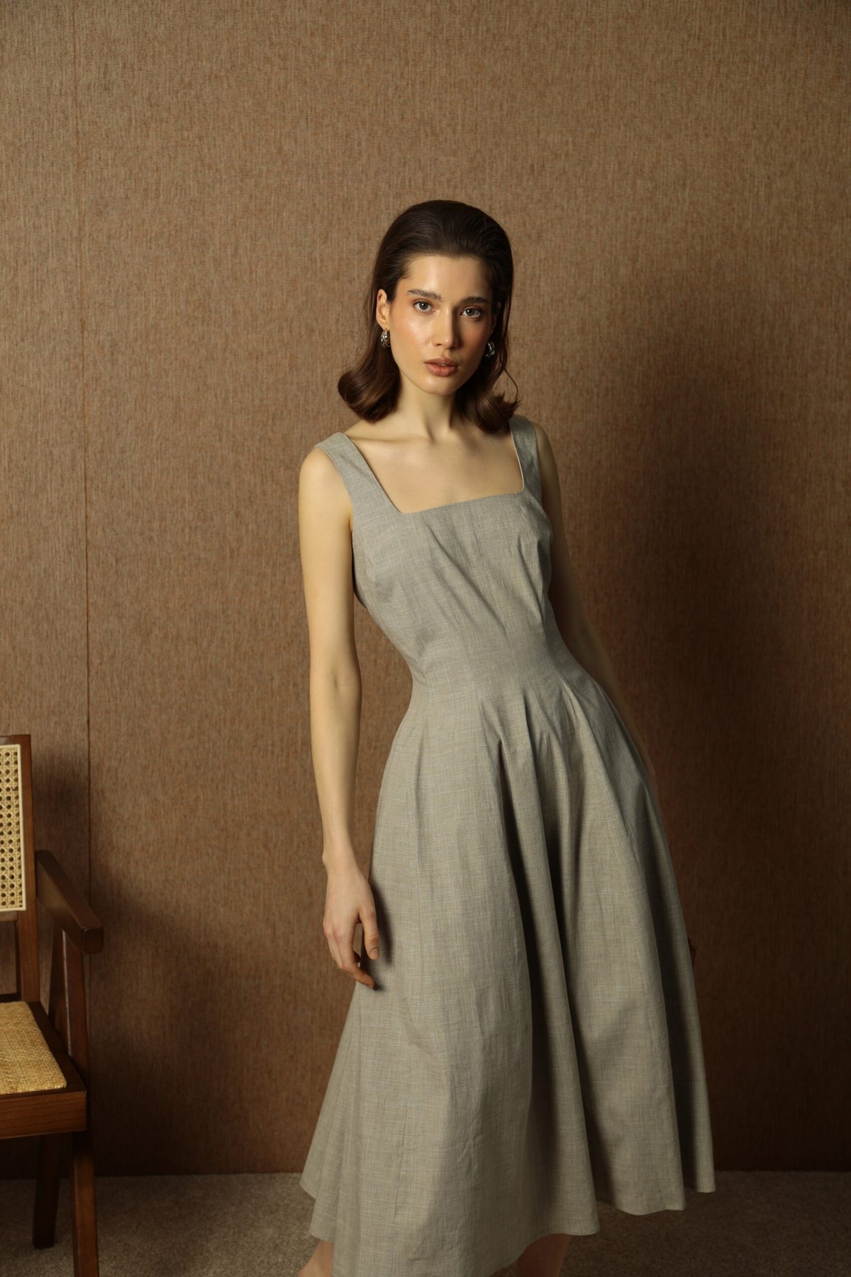 Paris Beige Linen-Cotton Midi Dress 2