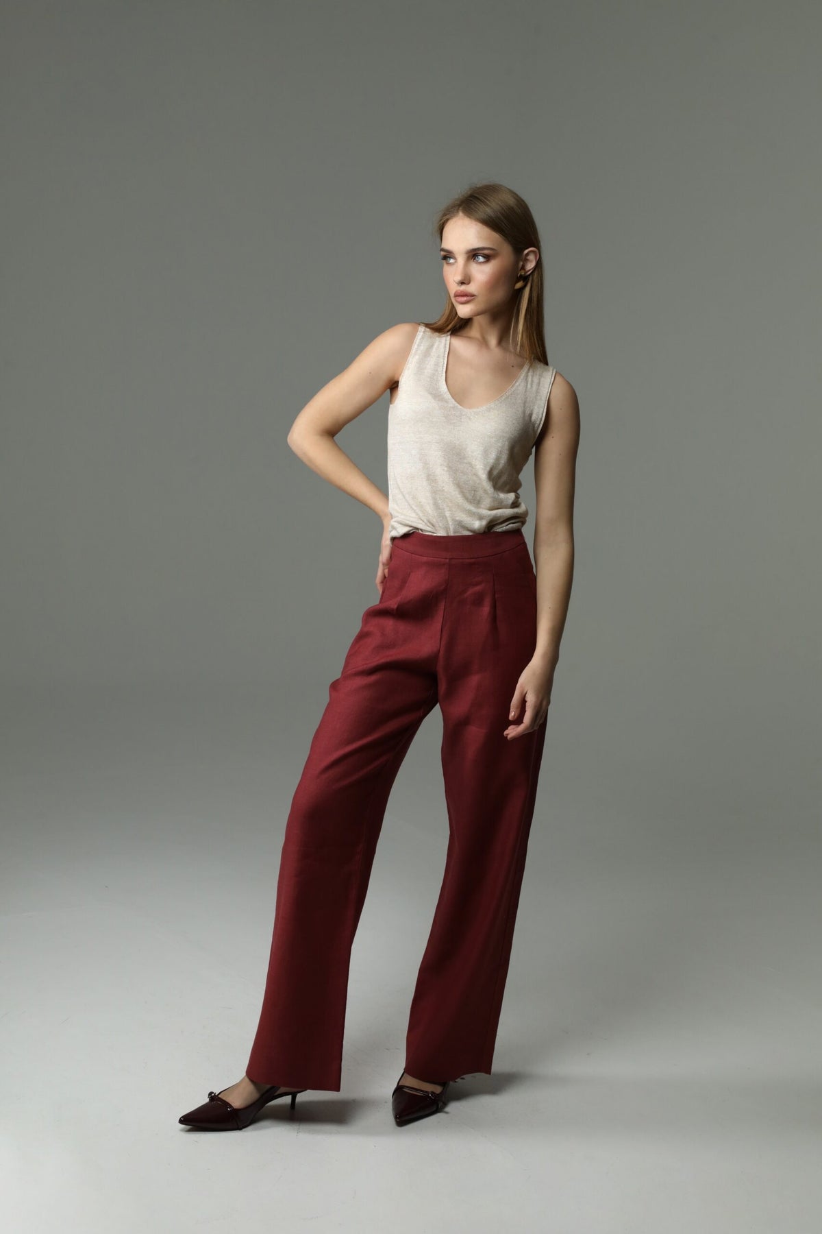 Red Linen Wide-Leg Trousers 1