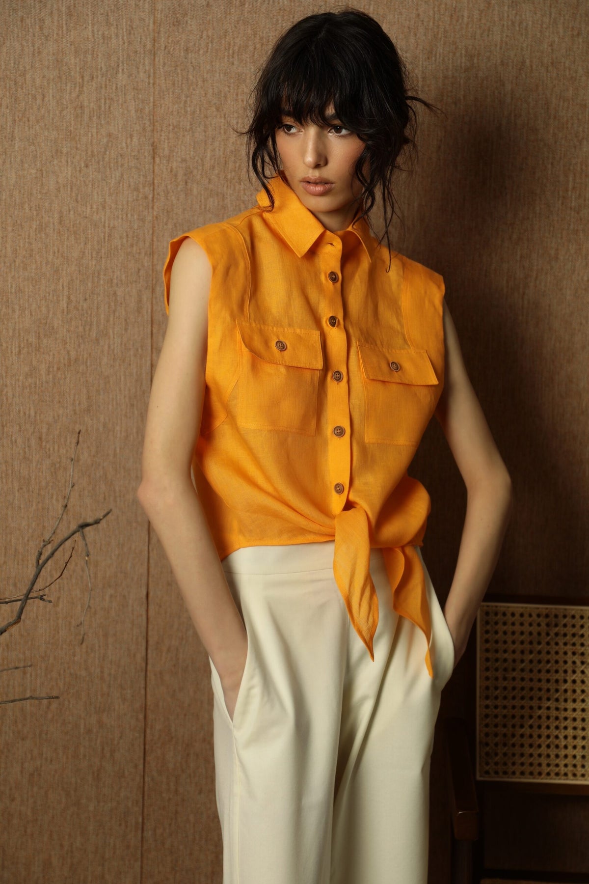 Rio Orange Sleeveless Linen Blouse 1