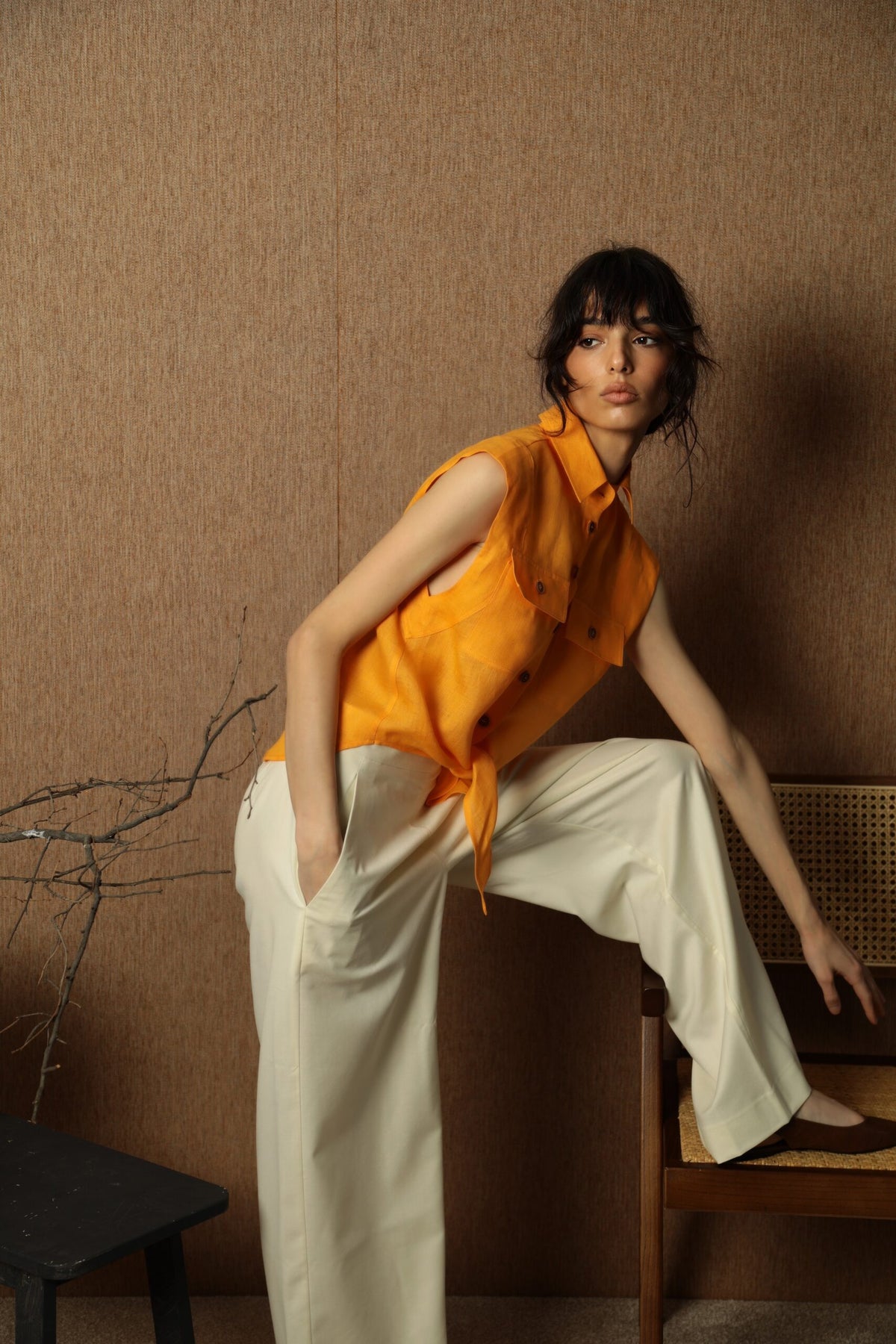 Rio Orange Sleeveless Linen Blouse 2