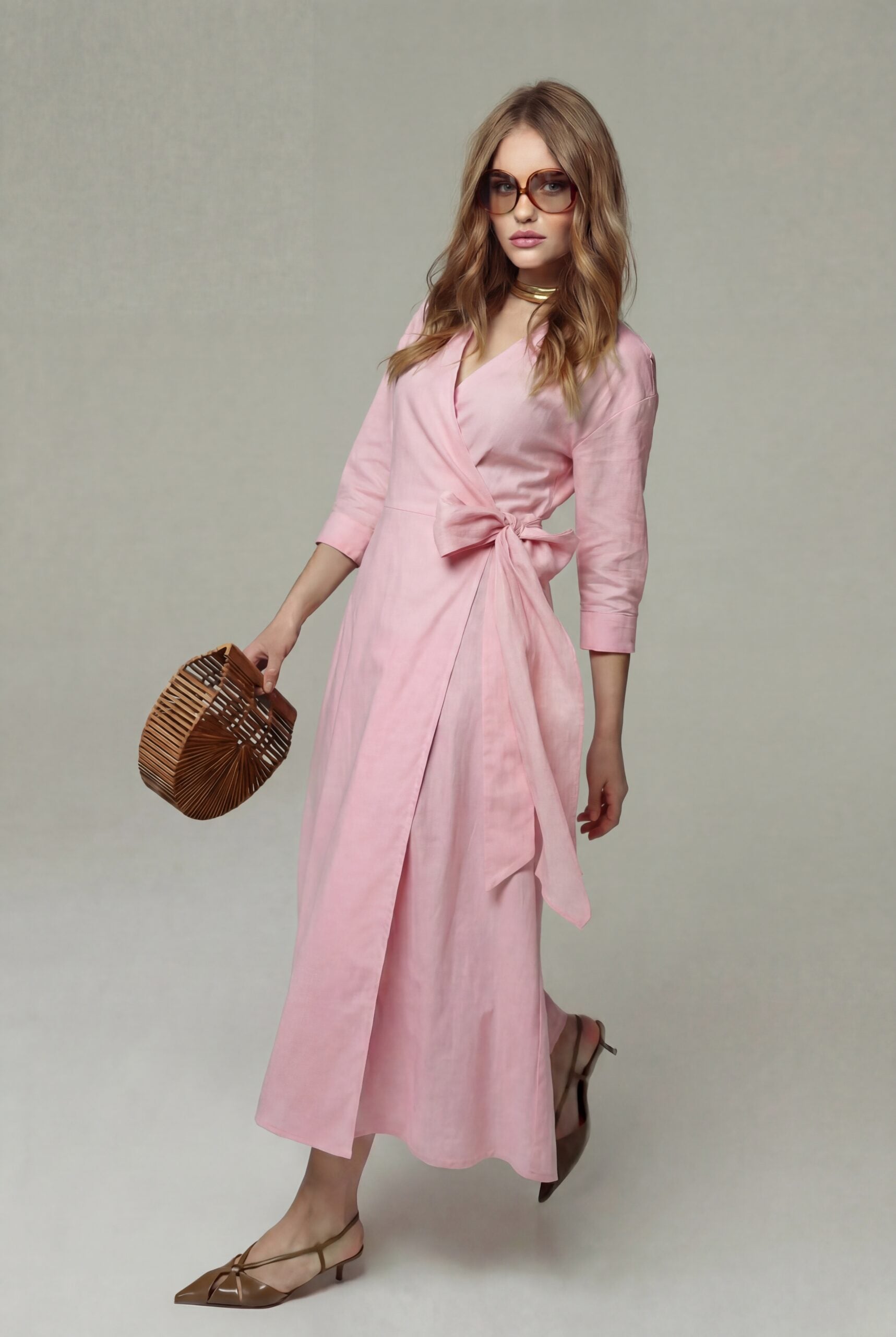 Light Pink Linen Wrap Dress